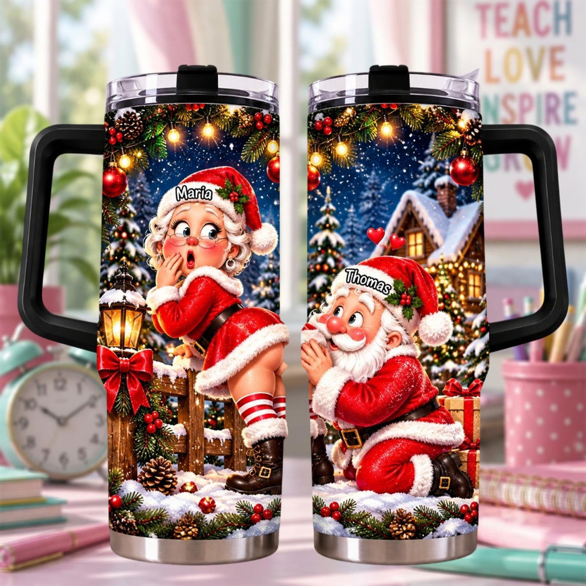 Personalized Christmas Santa Couple 40oz Tumbler, Matching Christmas Tumbler For Couples, Santa Lover Gift, Holiday Cup