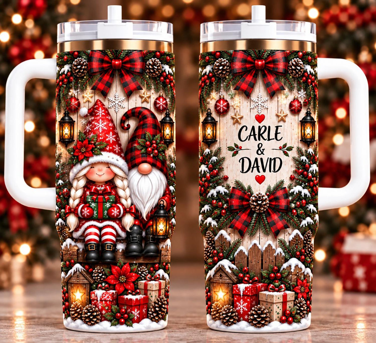 Personalized Gnome Christmas Tumbler 40oz, Custom Couple Name Cup, Gnome Holiday Tumbler, Christmas Gift For Couple