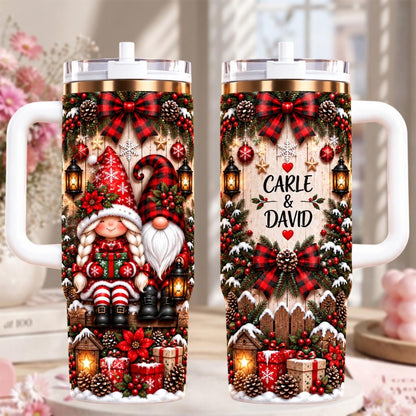 Personalized Gnome Christmas Tumbler 40oz, Custom Couple Name Cup, Gnome Holiday Tumbler, Christmas Gift For Couple