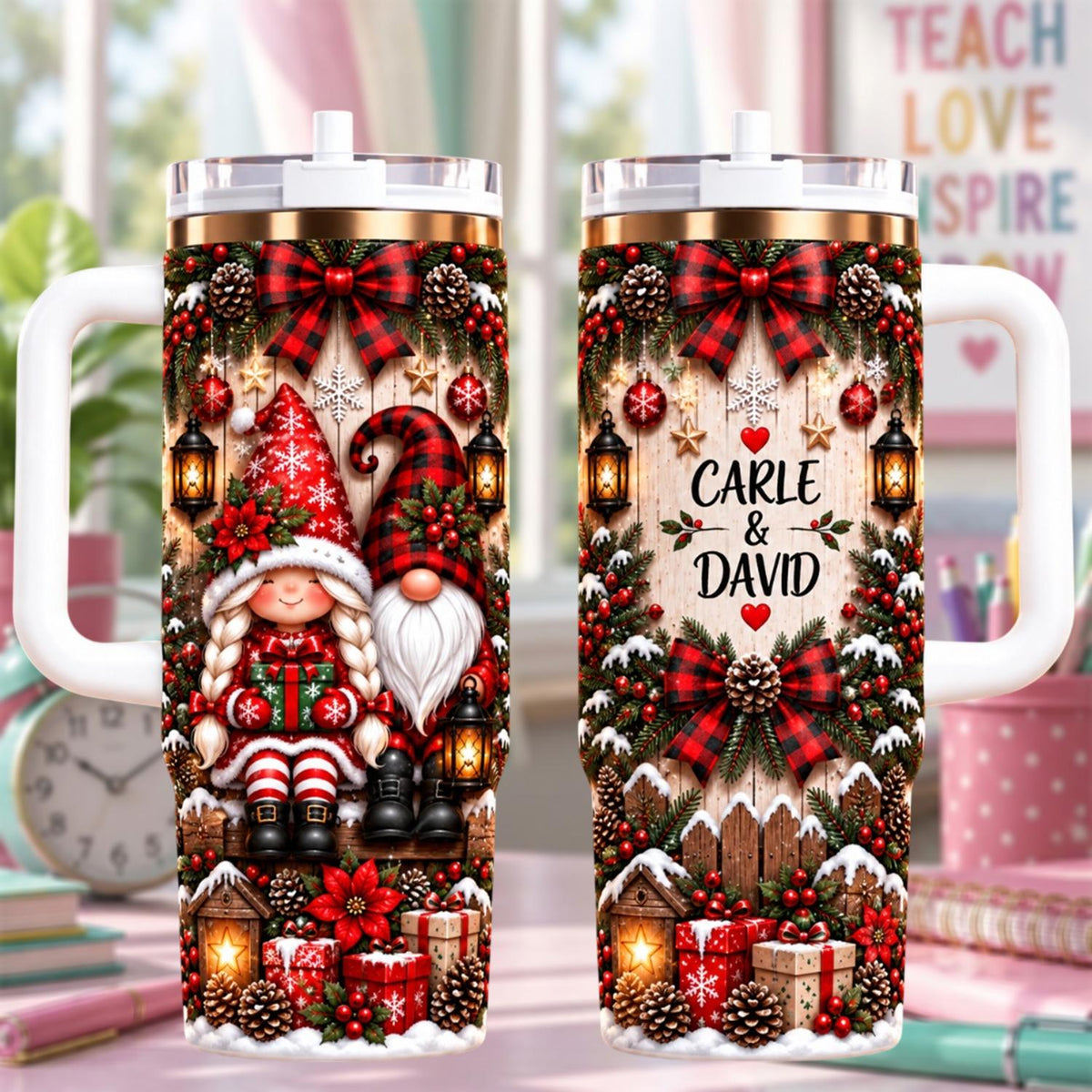 Personalized Gnome Christmas Tumbler 40oz, Custom Couple Name Cup, Gnome Holiday Tumbler, Christmas Gift For Couple