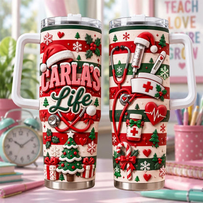 Personalized Nurse Christmas Tumbler 40oz, Custom Name Cup, Christmas Nurse Tumbler, Medical Worker Gift, Nurse Appreciation Gift