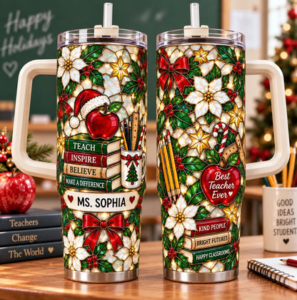Personalized Teacher Christmas Tumbler 40oz, Custom Teacher Name Cup, Christmas Teacher Tumbler, Teacher Appreciation Gift