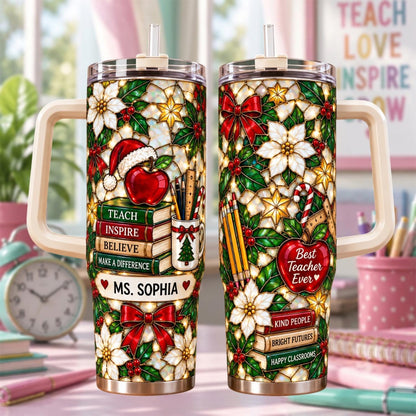 Personalized Teacher Christmas Tumbler 40oz, Custom Teacher Name Cup, Christmas Teacher Tumbler, Teacher Appreciation Gift