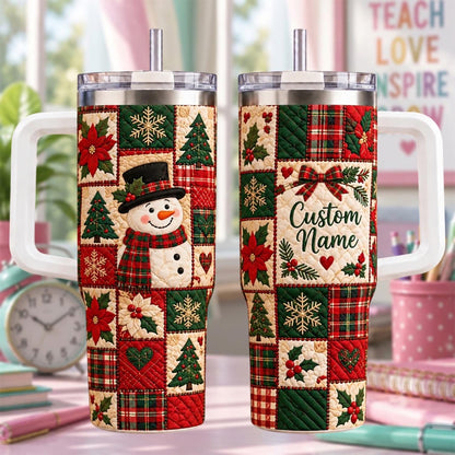 Personalized Snowman Printed Patchwork Christmas Tumbler 40oz, Custom Name Cup With Handle, Holiday Drinkware Gift