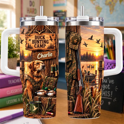 Personalized Duck Hunting Tumbler 40oz, Custom Name Cup With Handle, Hunting Dog Tumbler, Duck Hunter Gift