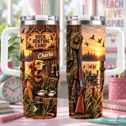 Personalized Duck Hunting Tumbler 40oz, Custom Name Cup With Handle, Hunting Dog Tumbler, Duck Hunter Gift