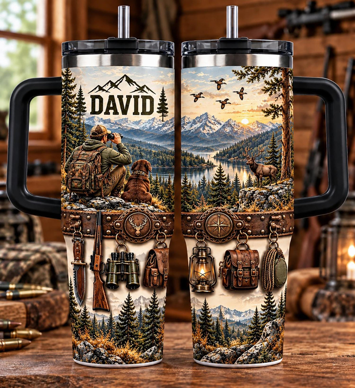 Personalized Hunting Tumbler 40oz, Custom Name Cup With Handle, Mountain Hunting Tumbler, Hunter Gift