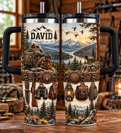 Personalized Hunting Tumbler 40oz, Custom Name Cup With Handle, Mountain Hunting Tumbler, Hunter Gift