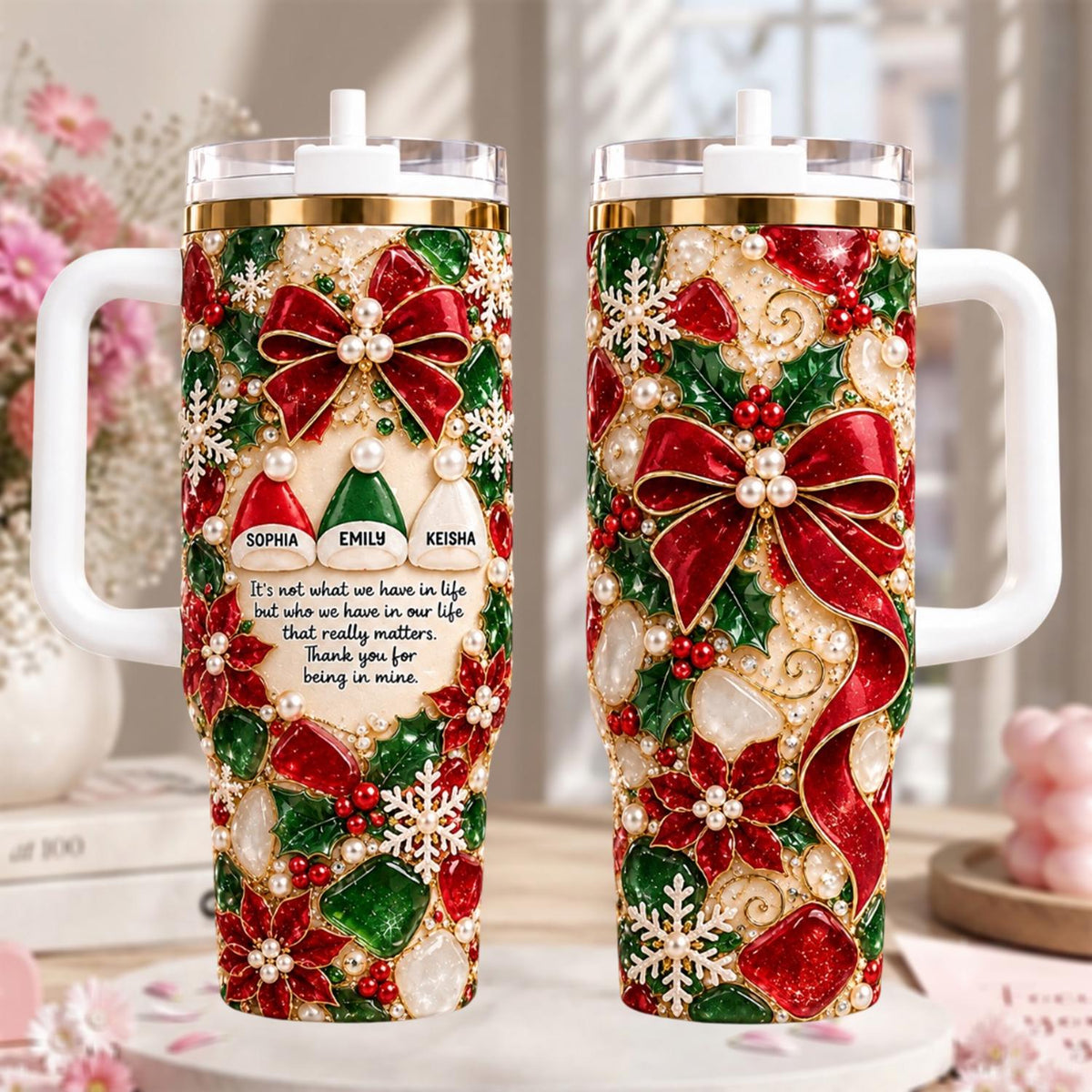 Christmas Tumbler 40oz With Handle, Personalized Christmas Cup, Custom Name Holiday Tumbler, Merry Christmas Travel Cup