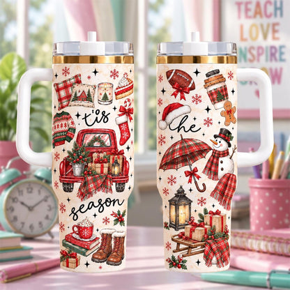 Personalized Tis The Season Christmas Tumbler 40oz, Plaid Holiday Tumbler, Winter Travel Cup, Christmas Gift For Her