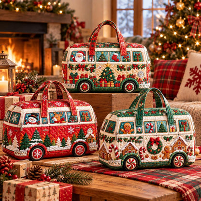 Christmas Bus Travel Bag, Quilted Holiday Weekender Tote, Festive Carryall, Teacher Gift, Family Travel, Personalized Name, Gift 2026