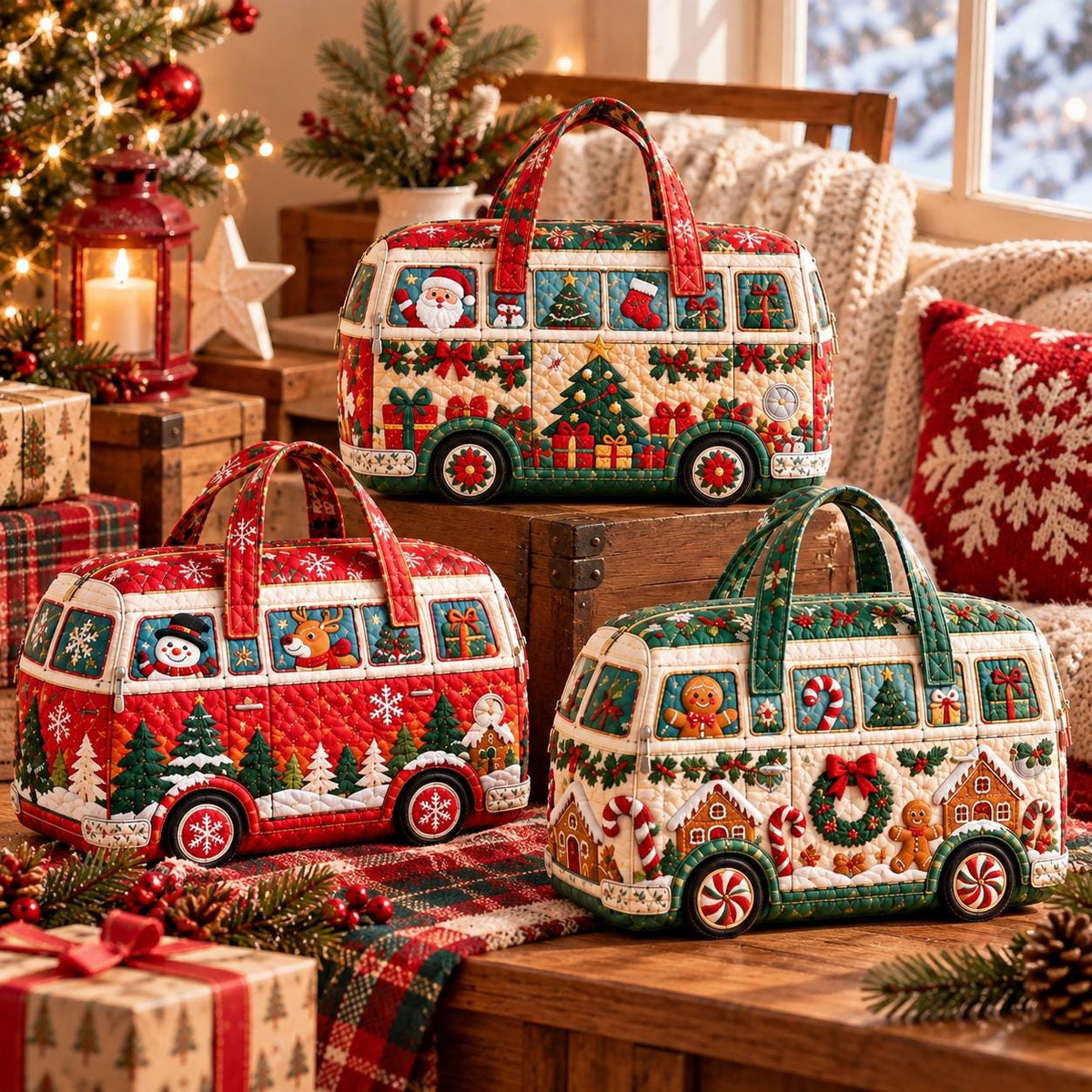 Christmas Bus Travel Bag, Quilted Holiday Weekender Tote, Festive Carryall, Teacher Gift, Family Travel, Personalized Name, Gift 2026