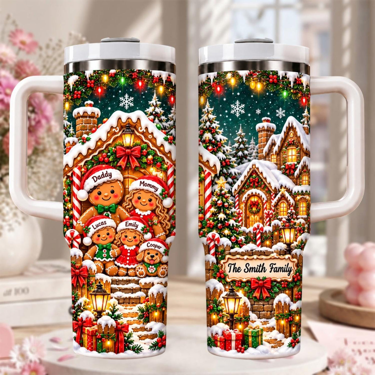 Personalized Gingerbread Christmas Tumbler 40oz, Custom Family Name Cup, Gingerbread Family Christmas Tumbler, Matching Family Gift