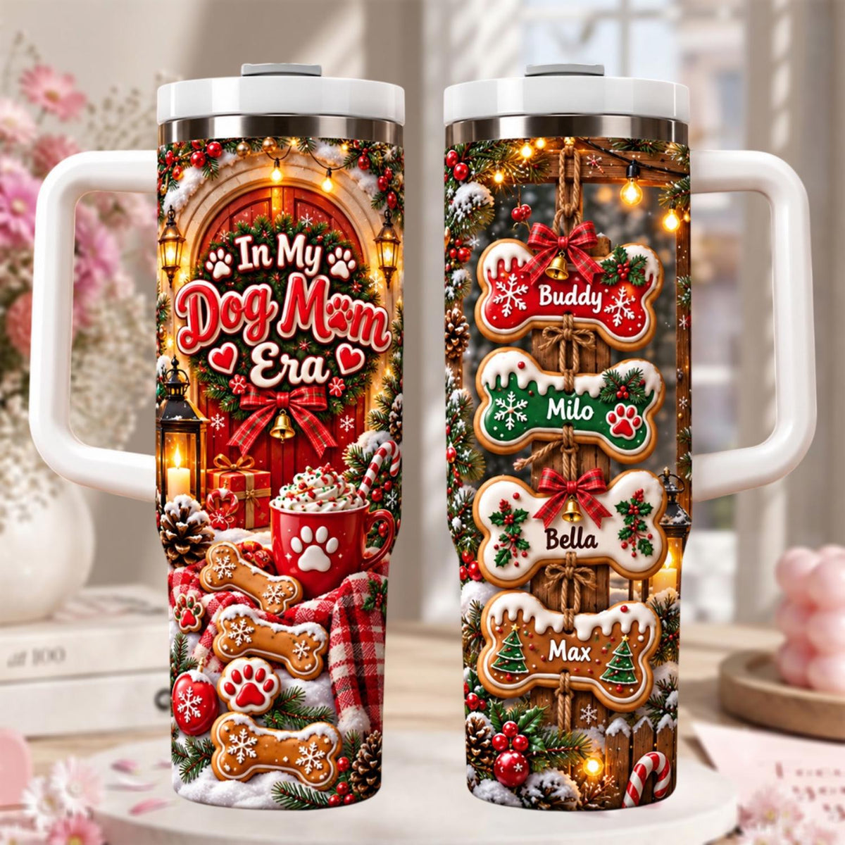 Personalized Dog Mom Tumbler 40oz, Custom Dog Name Cup, Christmas Dog Mom Tumbler, Cute Pet Lover Gift For Women