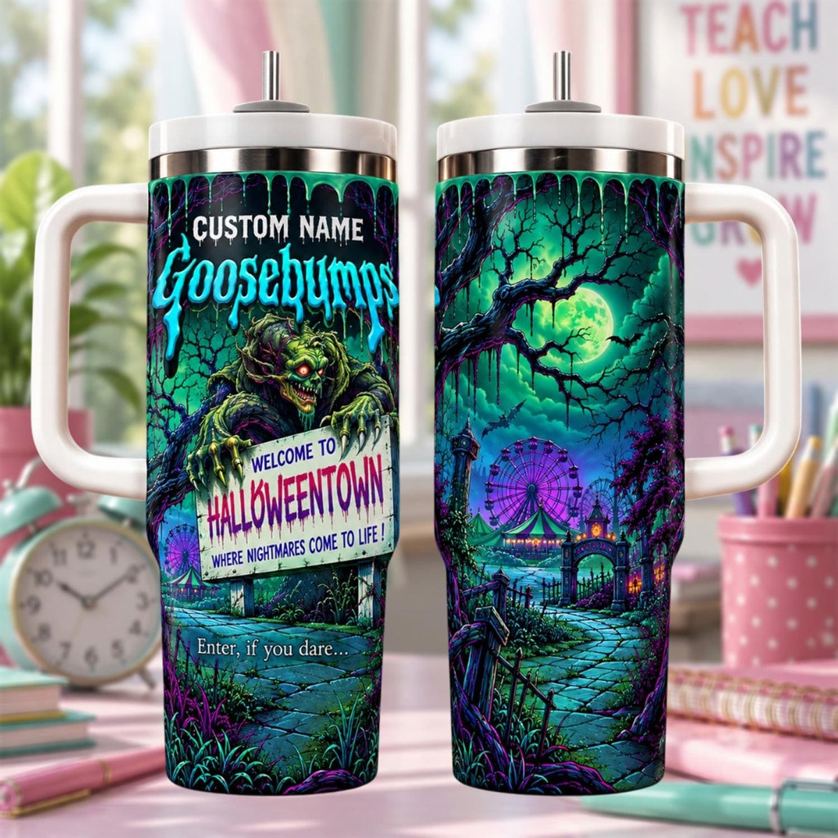 Personalized Spooky Horror Halloween Tumbler 40oz, Custom Name Halloween Cup With Handle, Halloween Gift For Horror Fans