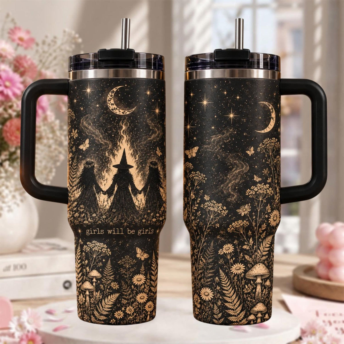 Personalized Witch Tumbler 40oz, Custom Name Celestial Moon Tumbler, Witchy Mushroom Flower Cup, Girls Will Be Girls Gift