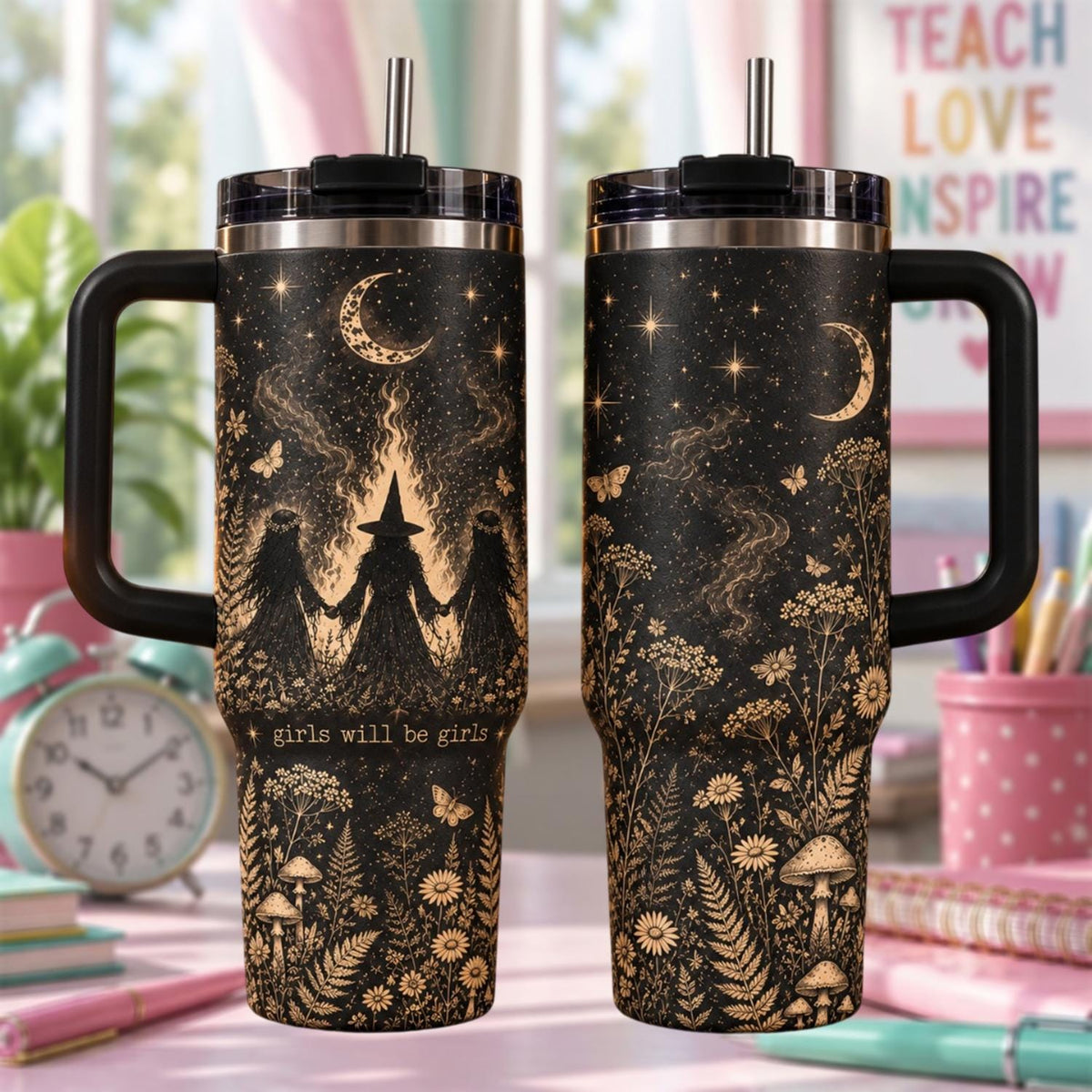 Personalized Witch Tumbler 40oz, Custom Name Celestial Moon Tumbler, Witchy Mushroom Flower Cup, Girls Will Be Girls Gift