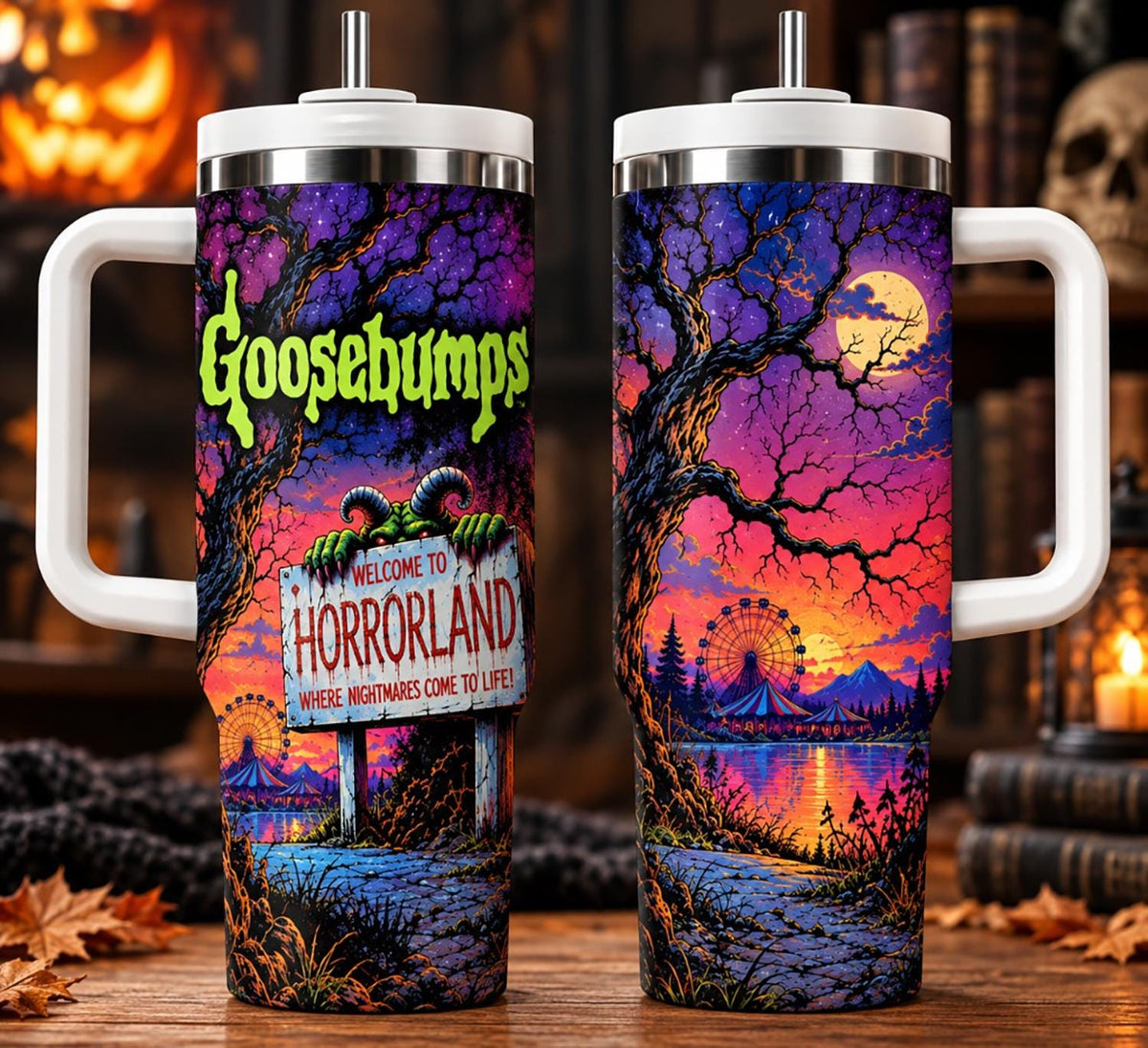 Personalized Goose-bumps Tumbler 40oz, Custom Name Horror Tumbler With Handle, Spooky Halloween Cup, Horror Gift For Fans