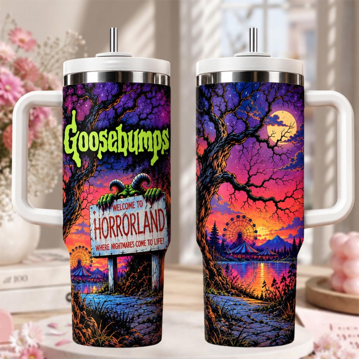 Personalized Goose-bumps Tumbler 40oz, Custom Name Horror Tumbler With Handle, Spooky Halloween Cup, Horror Gift For Fans