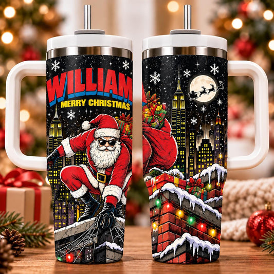 Personalized Santa Tumbler 40oz, Custom Name Christmas Tumbler, Santa Claus Rooftop Cup, Merry Christmas Gift For Family