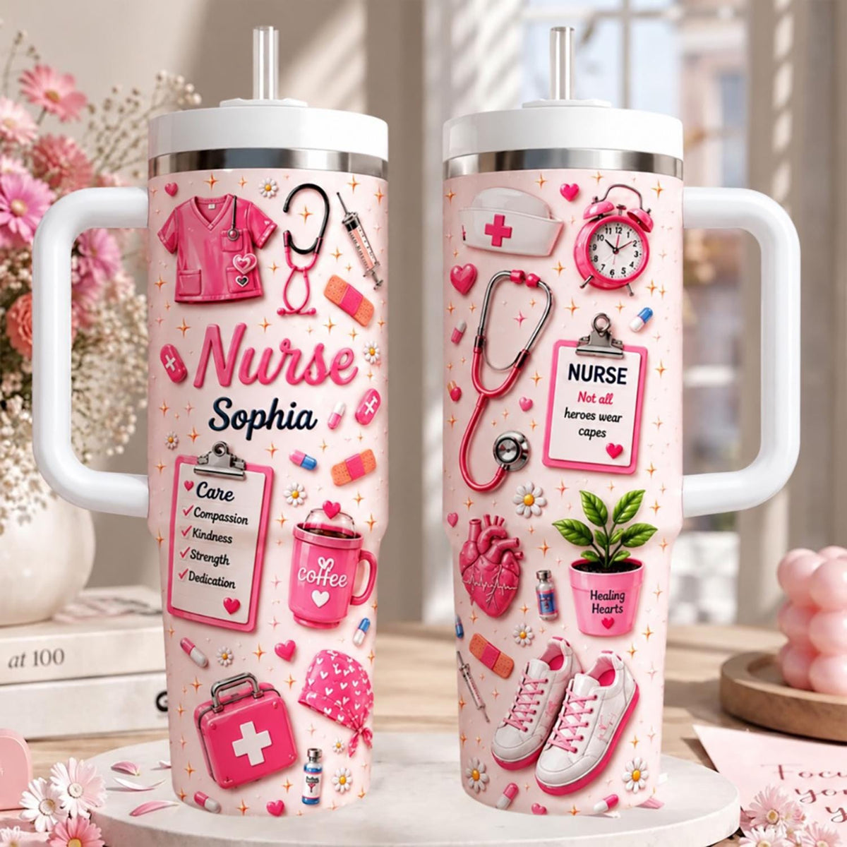 Personalized Nurse Tumbler 40oz, Custom Nurse Name Cup With Handle, Cute Nursing School Tumbler, Nurse Appreciation Gift