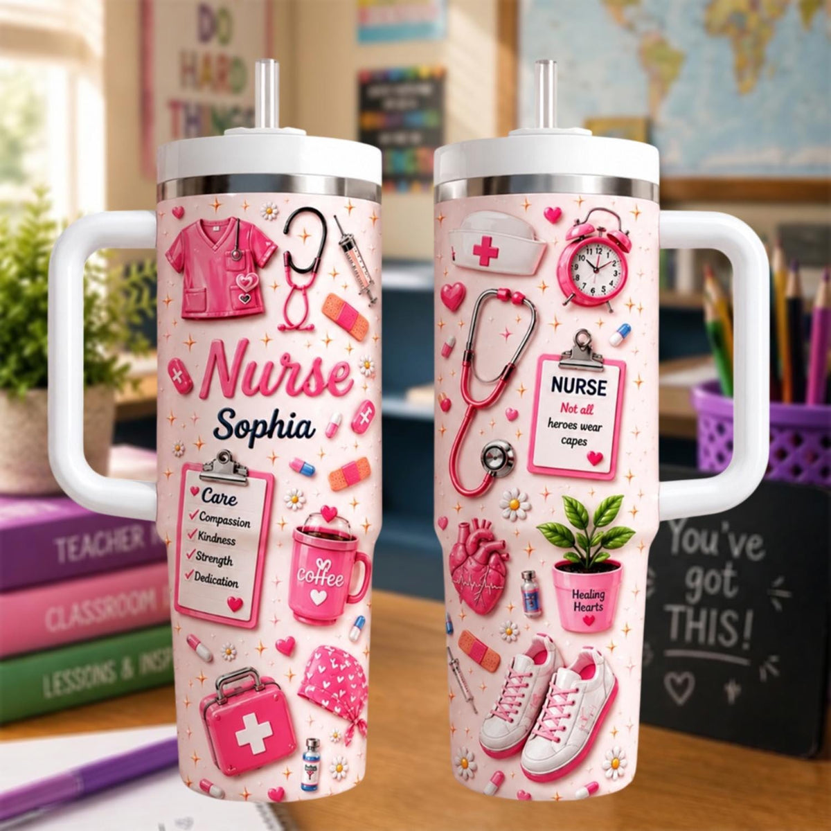 Personalized Nurse Tumbler 40oz, Custom Nurse Name Cup With Handle, Cute Nursing School Tumbler, Nurse Appreciation Gift