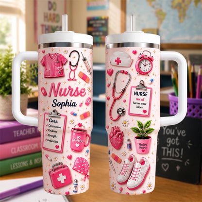 Personalized Nurse Tumbler 40oz, Custom Nurse Name Cup With Handle, Cute Nursing School Tumbler, Nurse Appreciation Gift