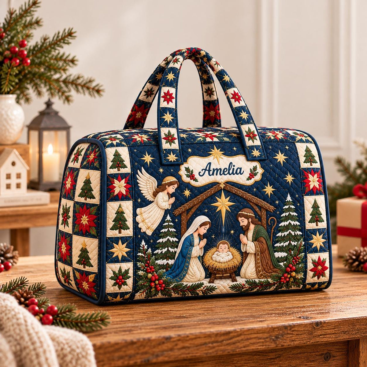 Personalized Nativity Christmas Quilted Duffle Bag, Holy Family Angel Patchwork, Christian Travel Weekender, Religious Gift 2026, Holiday