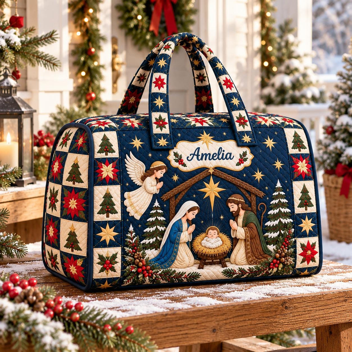 Personalized Nativity Christmas Quilted Duffle Bag, Holy Family Angel Patchwork, Christian Travel Weekender, Religious Gift 2026, Holiday