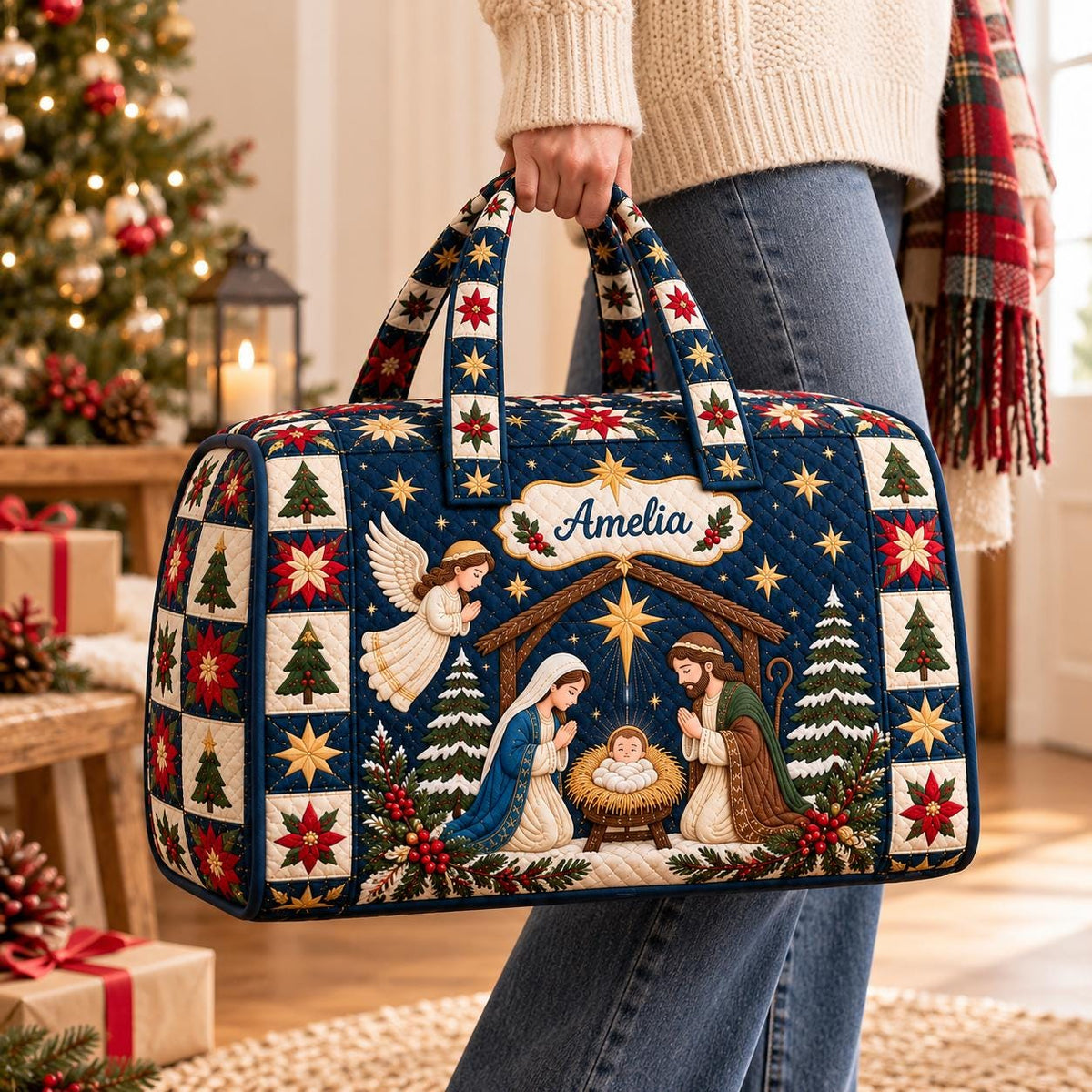 Personalized Nativity Christmas Quilted Duffle Bag, Holy Family Angel Patchwork, Christian Travel Weekender, Religious Gift 2026, Holiday