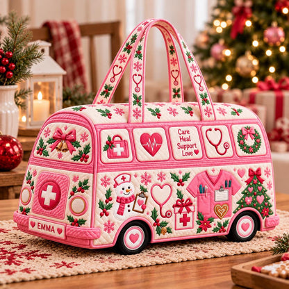 Personalized Pink Nurse Christmas Van Bag, Quilted Medical Duffle, Stethoscope Snowman Design, Holiday Travel Tote, Nurse Gift 2026, Xmas