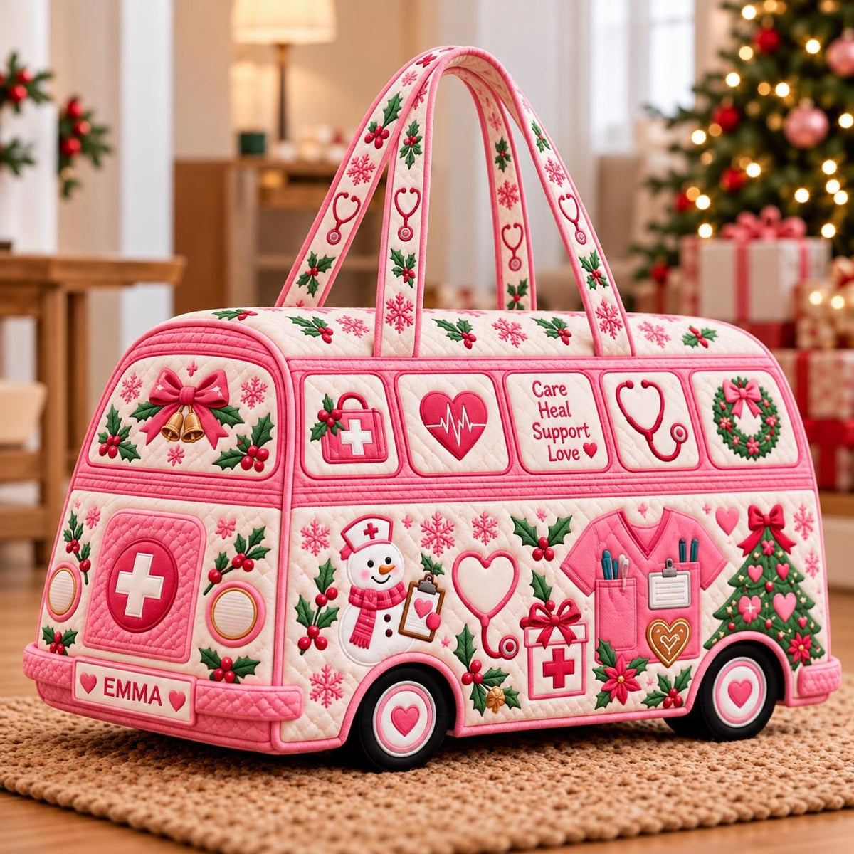Personalized Pink Nurse Christmas Van Bag, Quilted Medical Duffle, Stethoscope Snowman Design, Holiday Travel Tote, Nurse Gift 2026, Xmas
