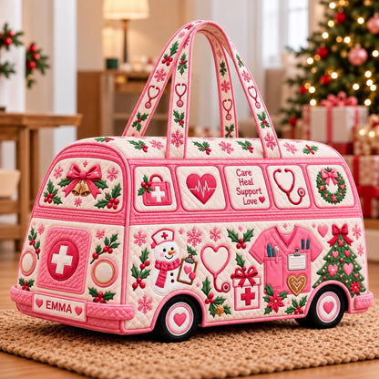 Personalized Pink Nurse Christmas Van Bag, Quilted Medical Duffle, Stethoscope Snowman Design, Holiday Travel Tote, Nurse Gift 2026, Xmas