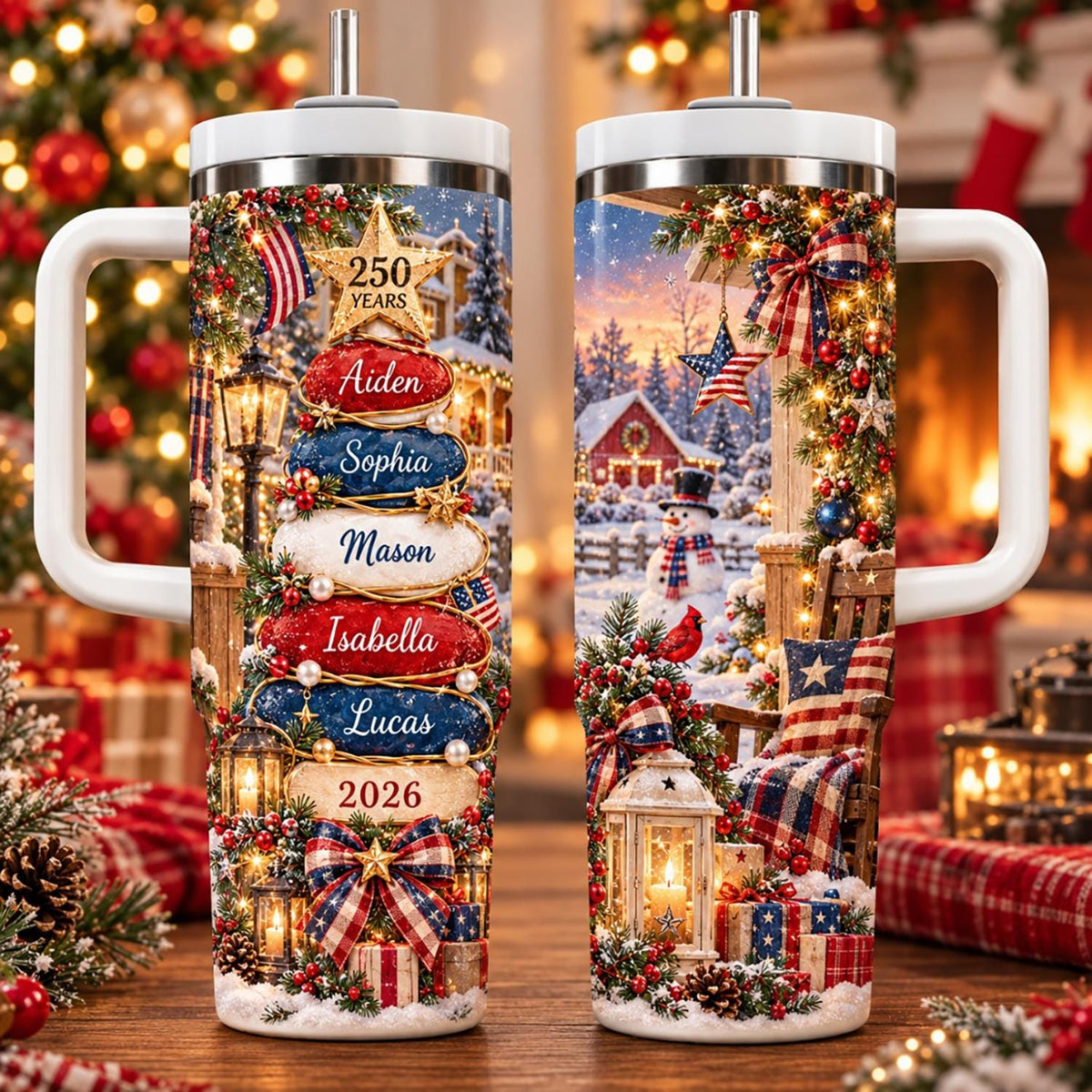Personalized Christmas Family Name 40oz Tumbler, 250th Anniversary Usa Tumbler, Patriotic Christmas Gift, 2026 Family Cup