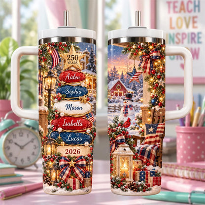 Personalized Christmas Family Name 40oz Tumbler, 250th Anniversary Usa Tumbler, Patriotic Christmas Gift, 2026 Family Cup