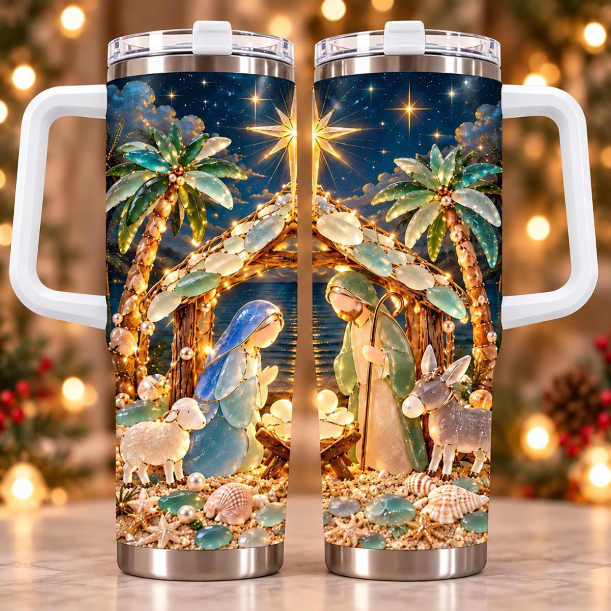 Personalized Christmas Nativity 40oz Tumbler, Coastal Christmas Tumbler, Christmas Beach Gift, Religious Holiday Cup