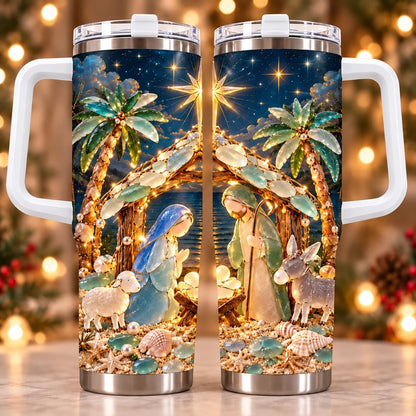 Personalized Christmas Nativity 40oz Tumbler, Coastal Christmas Tumbler, Christmas Beach Gift, Religious Holiday Cup