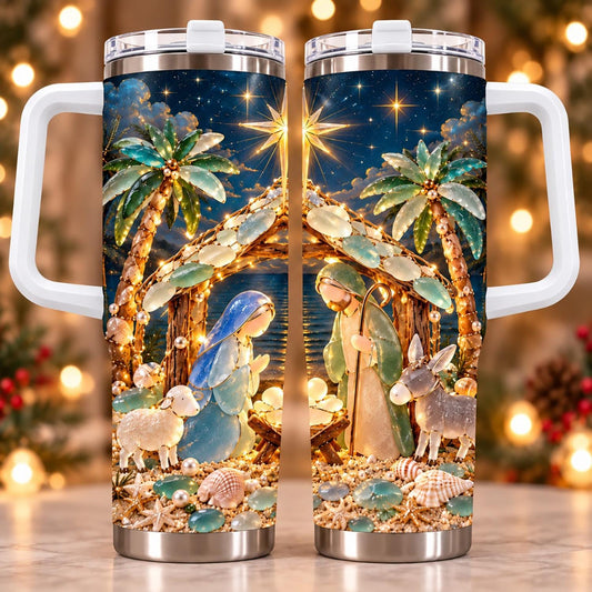 Personalized Christmas Nativity 40oz Tumbler, Coastal Christmas Tumbler, Christmas Beach Gift, Religious Holiday Cup