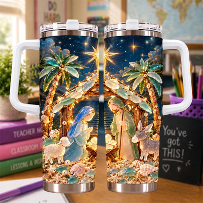 Personalized Christmas Nativity 40oz Tumbler, Coastal Christmas Tumbler, Christmas Beach Gift, Religious Holiday Cup