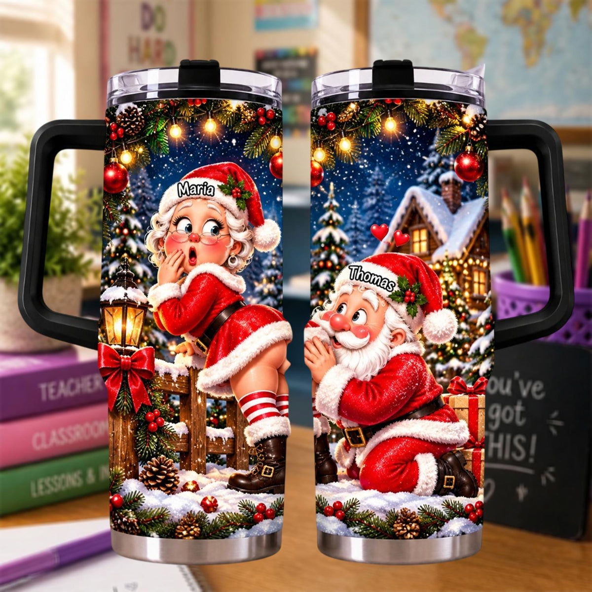 Personalized Christmas Santa Couple 40oz Tumbler, Matching Christmas Tumbler For Couples, Santa Lover Gift, Holiday Cup