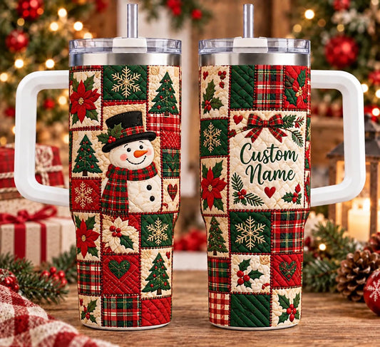 Personalized Snowman Printed Patchwork Christmas Tumbler 40oz, Custom Name Cup With Handle, Holiday Drinkware Gift