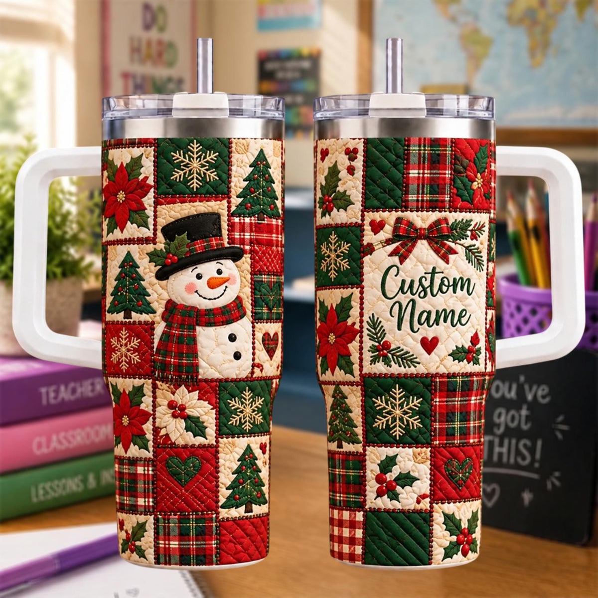 Personalized Snowman Printed Patchwork Christmas Tumbler 40oz, Custom Name Cup With Handle, Holiday Drinkware Gift