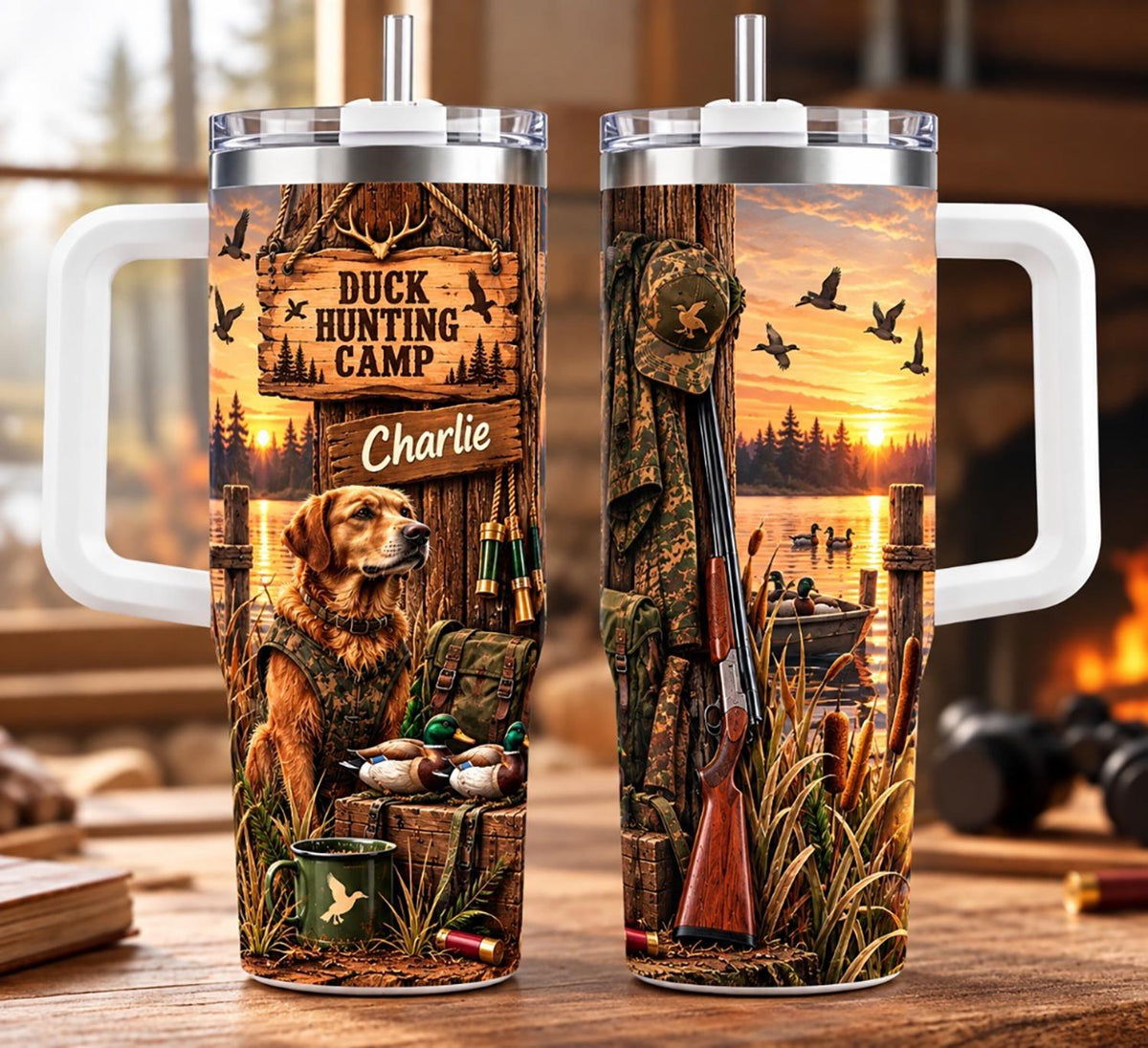 Personalized Duck Hunting Tumbler 40oz, Custom Name Cup With Handle, Hunting Dog Tumbler, Duck Hunter Gift