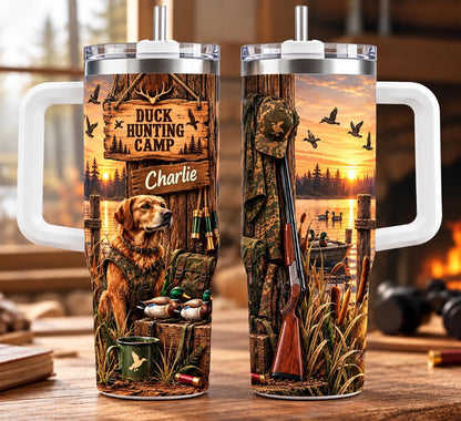 Personalized Duck Hunting Tumbler 40oz, Custom Name Cup With Handle, Hunting Dog Tumbler, Duck Hunter Gift