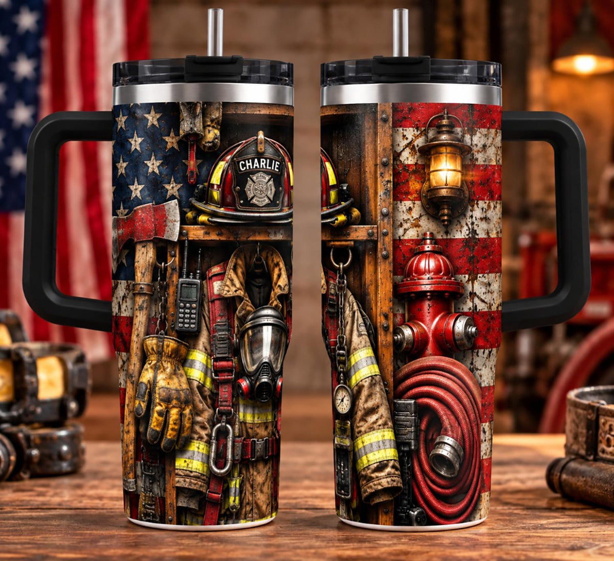 Personalized Firefighter Tumbler 40oz, Custom Name Cup With Handle, Firefighter Gear Drinkware, Fireman Gift