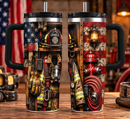 Personalized Firefighter Tumbler 40oz, Custom Name Cup With Handle, Firefighter Gear Drinkware, Fireman Gift