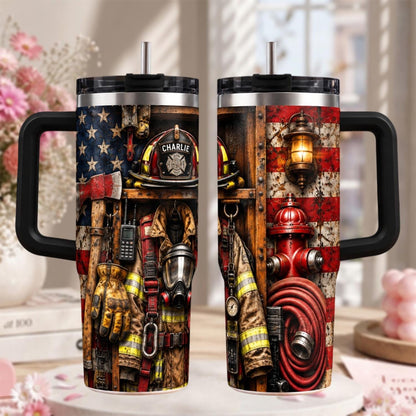 Personalized Firefighter Tumbler 40oz, Custom Name Cup With Handle, Firefighter Gear Drinkware, Fireman Gift