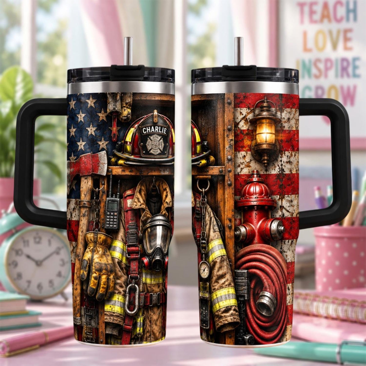 Personalized Firefighter Tumbler 40oz, Custom Name Cup With Handle, Firefighter Gear Drinkware, Fireman Gift