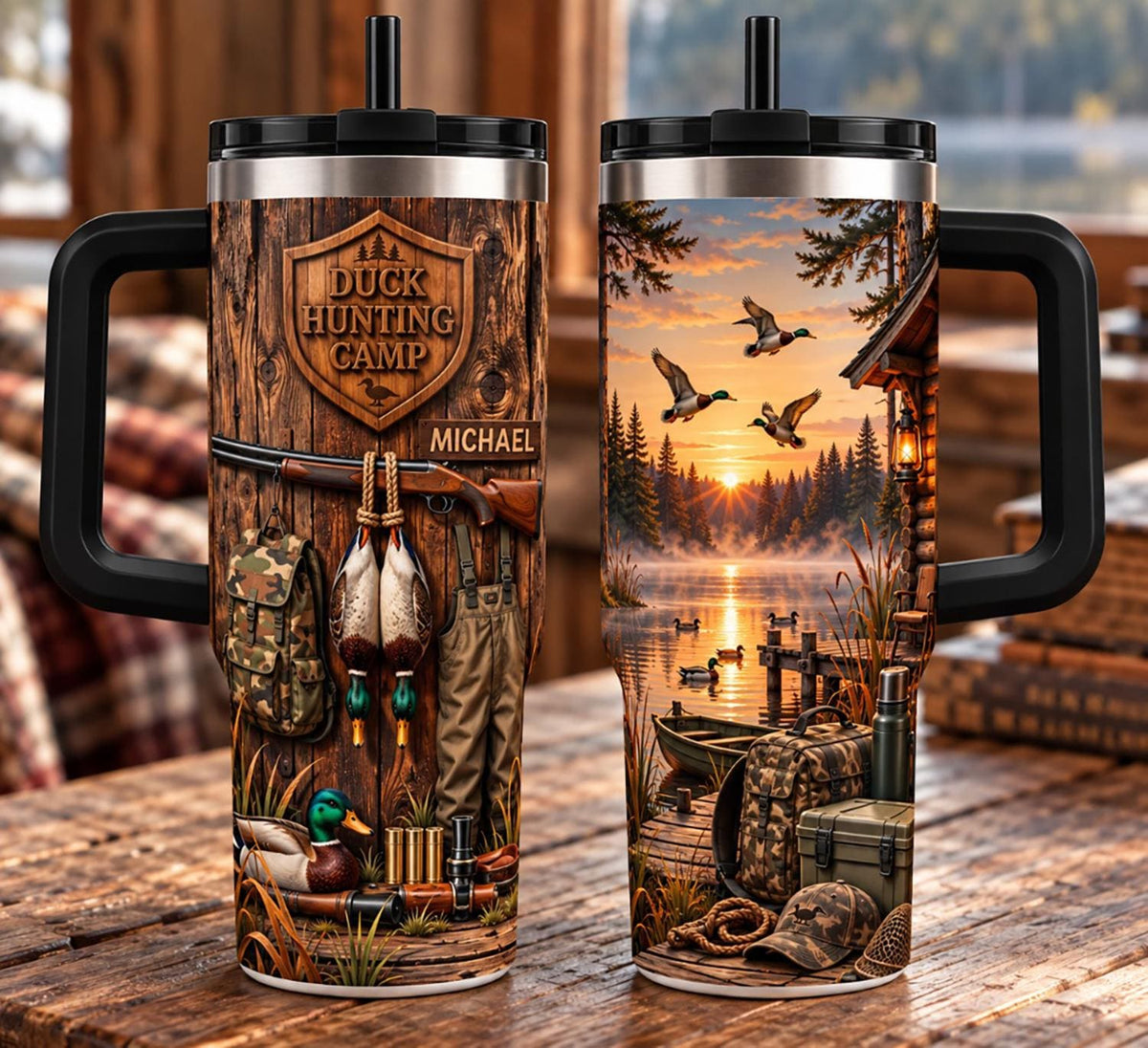 Personalized Duck Hunting Tumbler 40oz, Custom Name Cup With Handle, Duck Hunter Drinkware, Hunting Gift