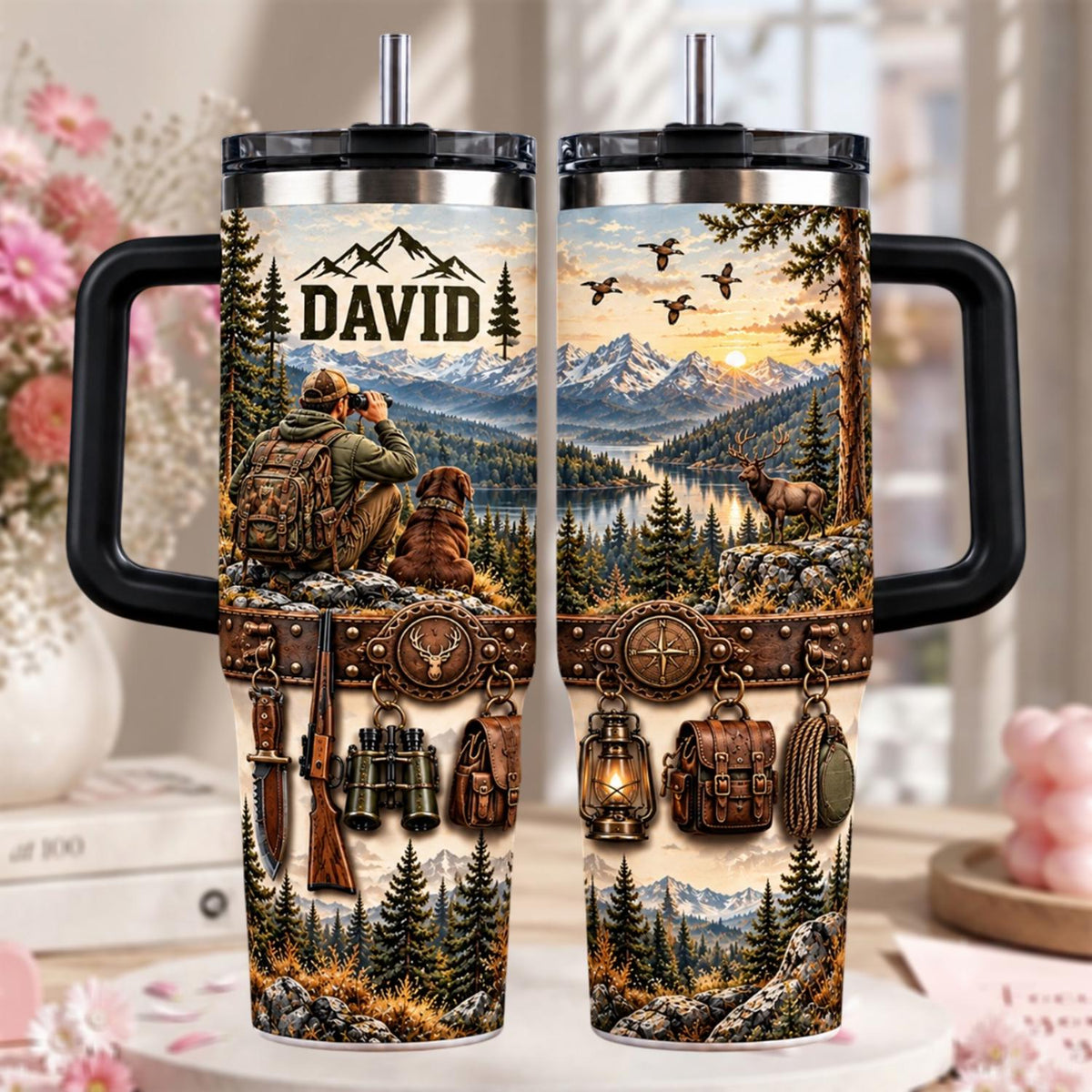 Personalized Hunting Tumbler 40oz, Custom Name Cup With Handle, Mountain Hunting Tumbler, Hunter Gift